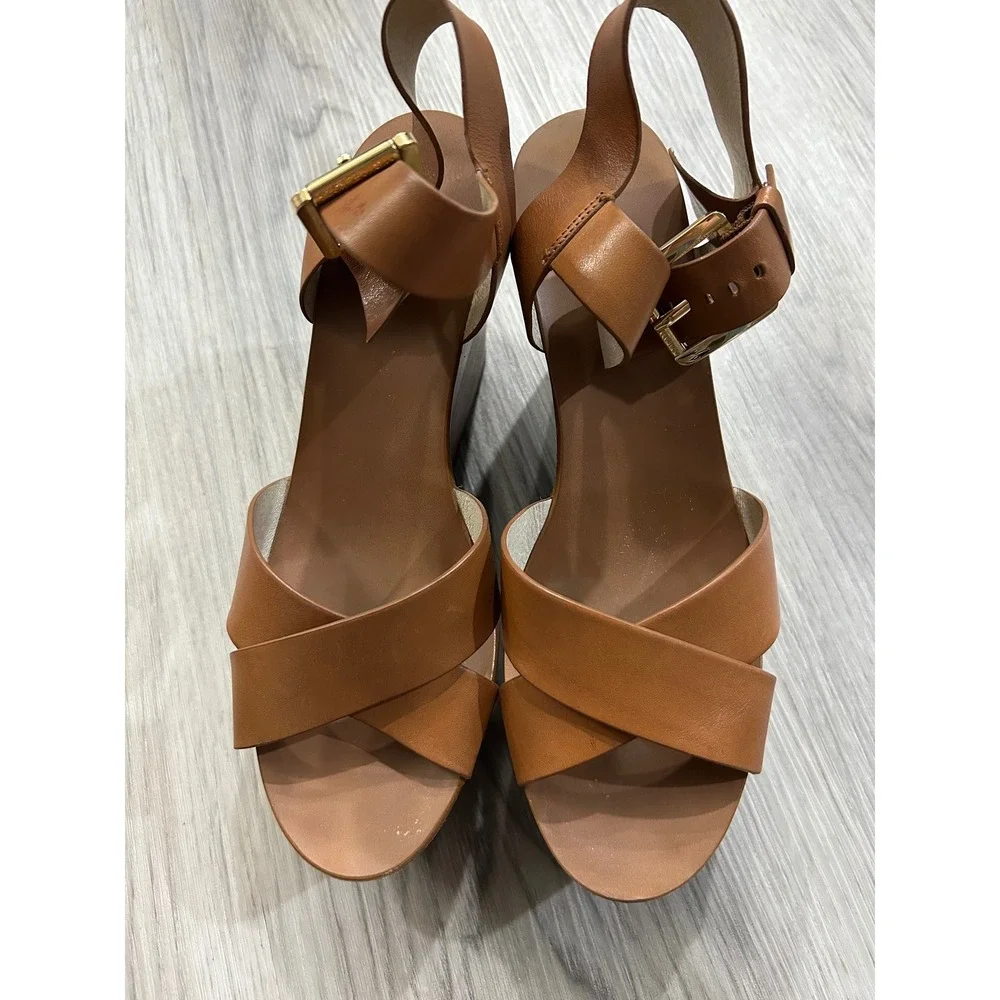 Michael Kors Tan Leather Platform Wedge Sandals Gold Buckle Wood Sole 8.5M